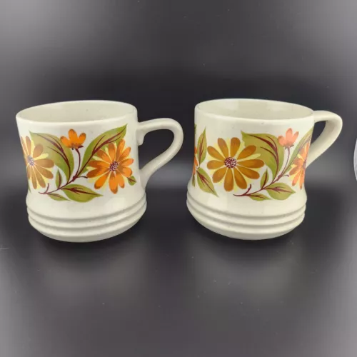 1970's Vintage Capri Bake Serve N Store Stoneware Orange Flower Mug Set of 2