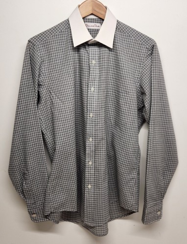Oscar De La Renta Shirt Mens 15.5 Gray Long Sleeve Button Up Check Contrast