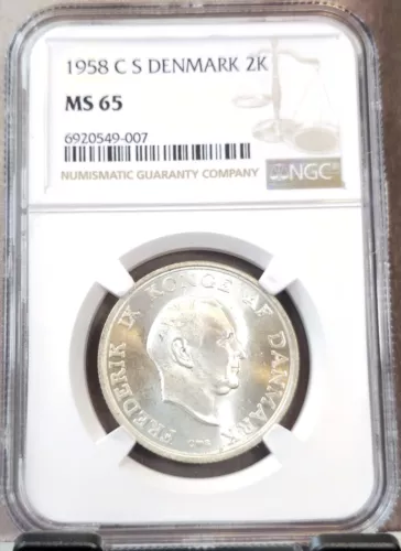 1958 DENMARK SILVER 2 KRONER FREDERIK IX & MARGRETHE NGC MS 65 NICE GEM BU