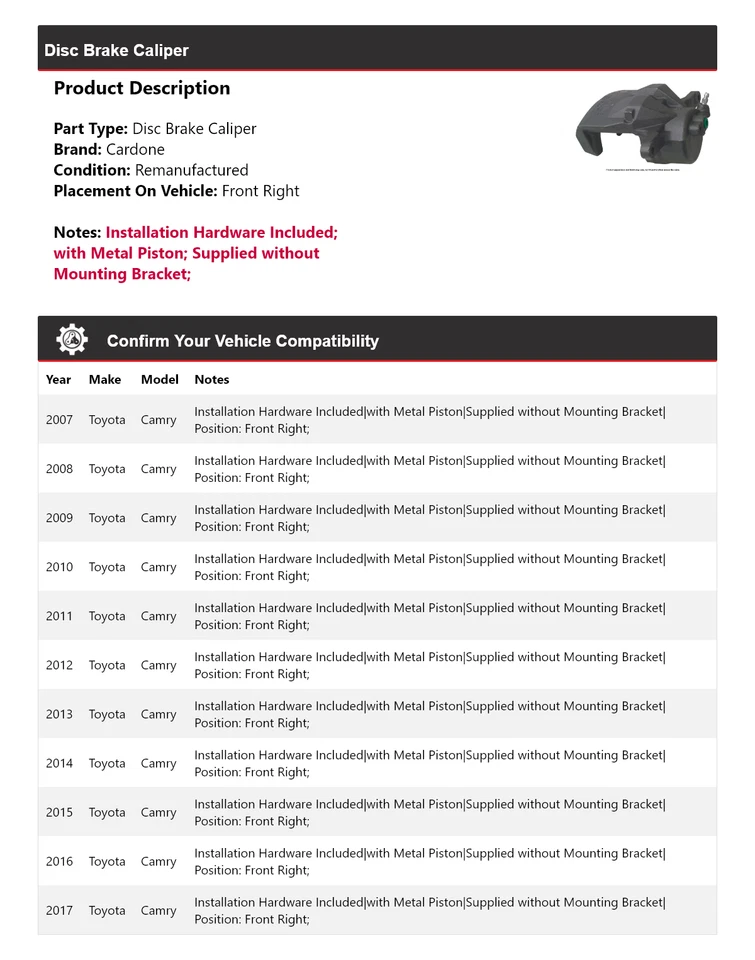 Pinza de freno de disco delantera derecha Cardone 2008 2009 2010 para Toyota Camry 2007-2017 Foto 2 de 4
