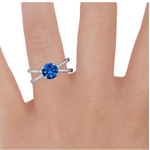 2.05 Ct Round Natural Sapphire & Real Diamond Wedding Ring 14K White Gold SizAll - Picture 4 of 5