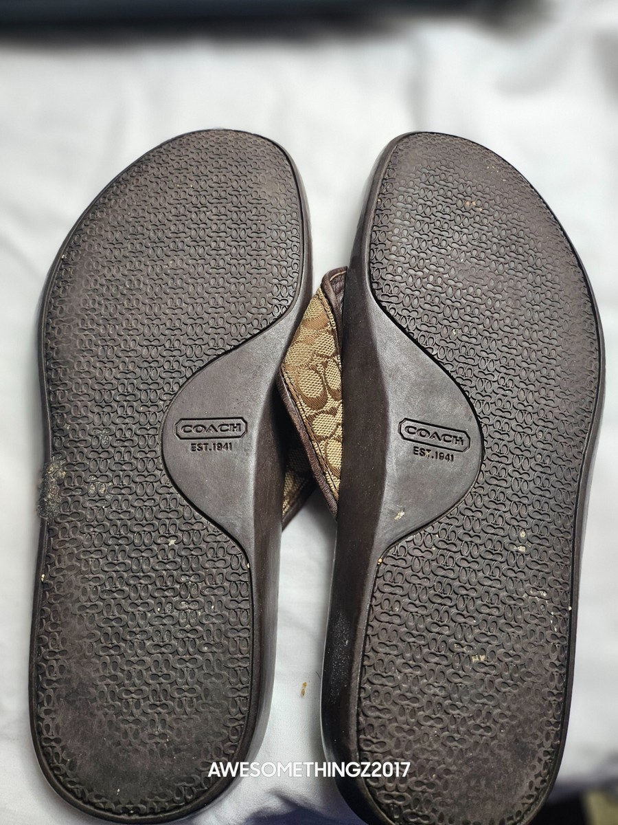 COACH Mens Sz 10.5/11 D Brown Monogram canvas thong Flip