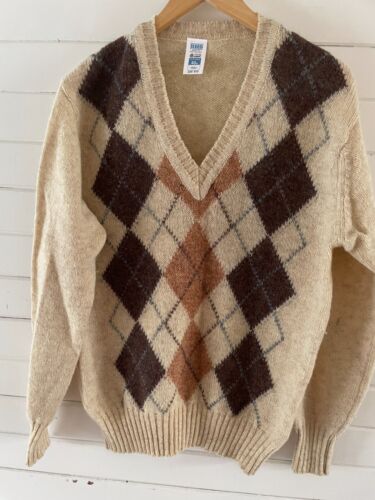 Vintage BHS argyle Mens M Cream Fair Isle shetland Wool sweater Made in Irland - Picture 1 of 13