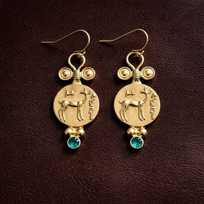 Museum Coin Medallion Gold Earrings Bird Deer Stag CZ VTG Ancient Greek Antique