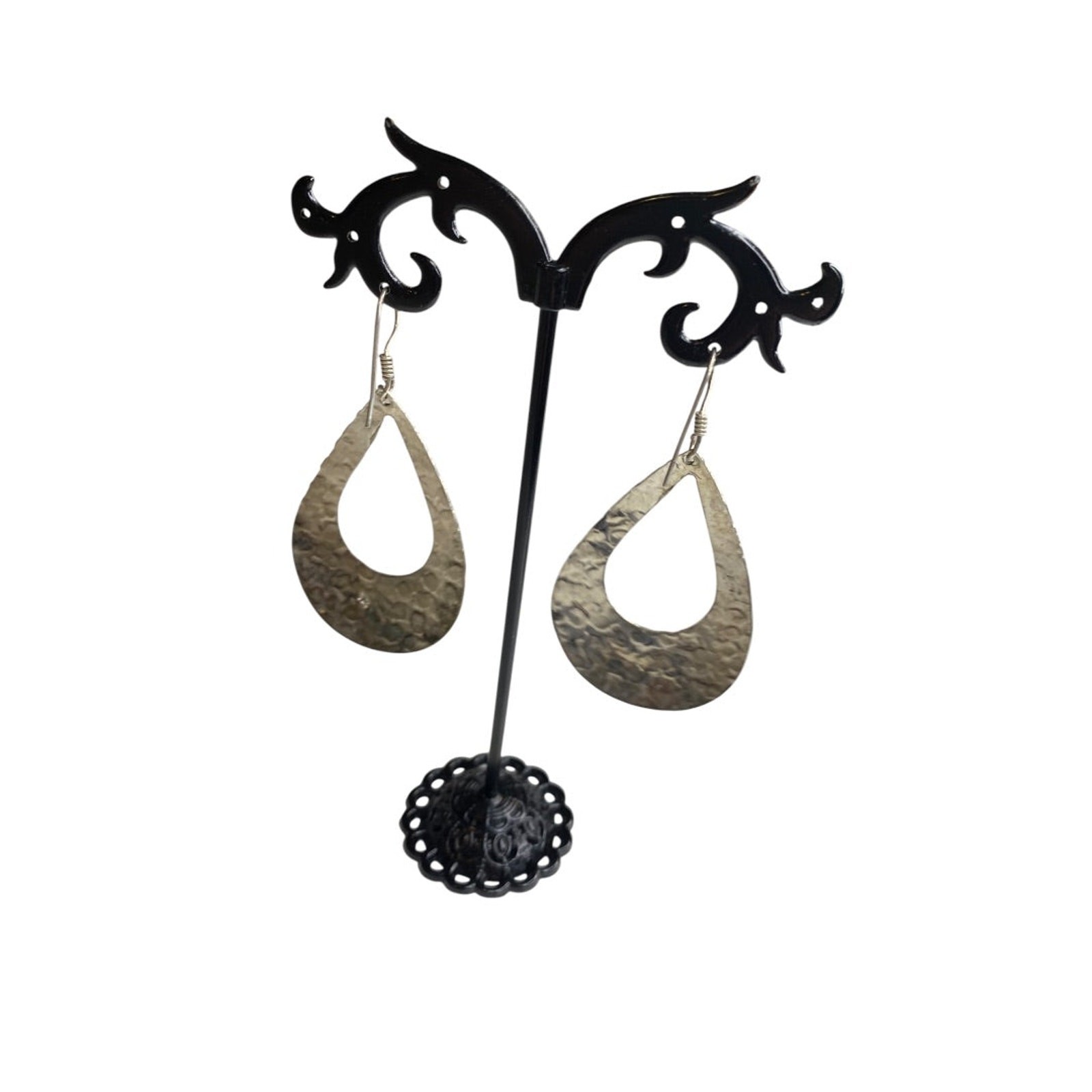 Silvertone Hammered Pierced Fishhook Earrings Lig… - image 4