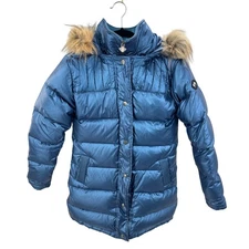 Appaman Puffer Jacket Long Down Metallic Puffy Coat Girl's Size 14 Blue Hooded