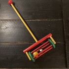 VTG Handmade Wood Painted Rolling Toddler Push Toy With Bell & Ball 1970s 9x20” — photo 2