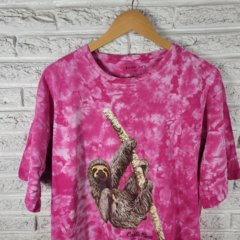 Tropic Joes Womens Top 2XL Plus Sloth Costa Rica Pink Tie Dye Cotton Souvenir - Image 3 of 4