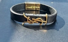 Saint Laurent Cassandre Black Leather Logo Bracelet Gold tone Hardware SL