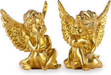 2 Pack Gold Resin Cherub Angel Statues 4" Height Indoor Outdoor Garden Figurines