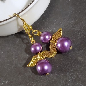 Authentic Little Guardian Angels Purple Gold Plated Glass Pearl Earrings