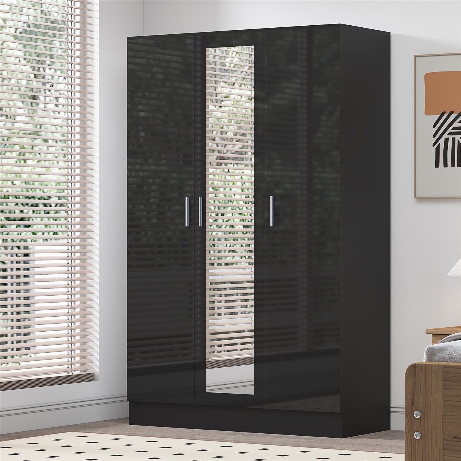 REFLECT 3 Door Mirror Wardrobe - Black Gloss Fronts & Matt Black Oak Carcass