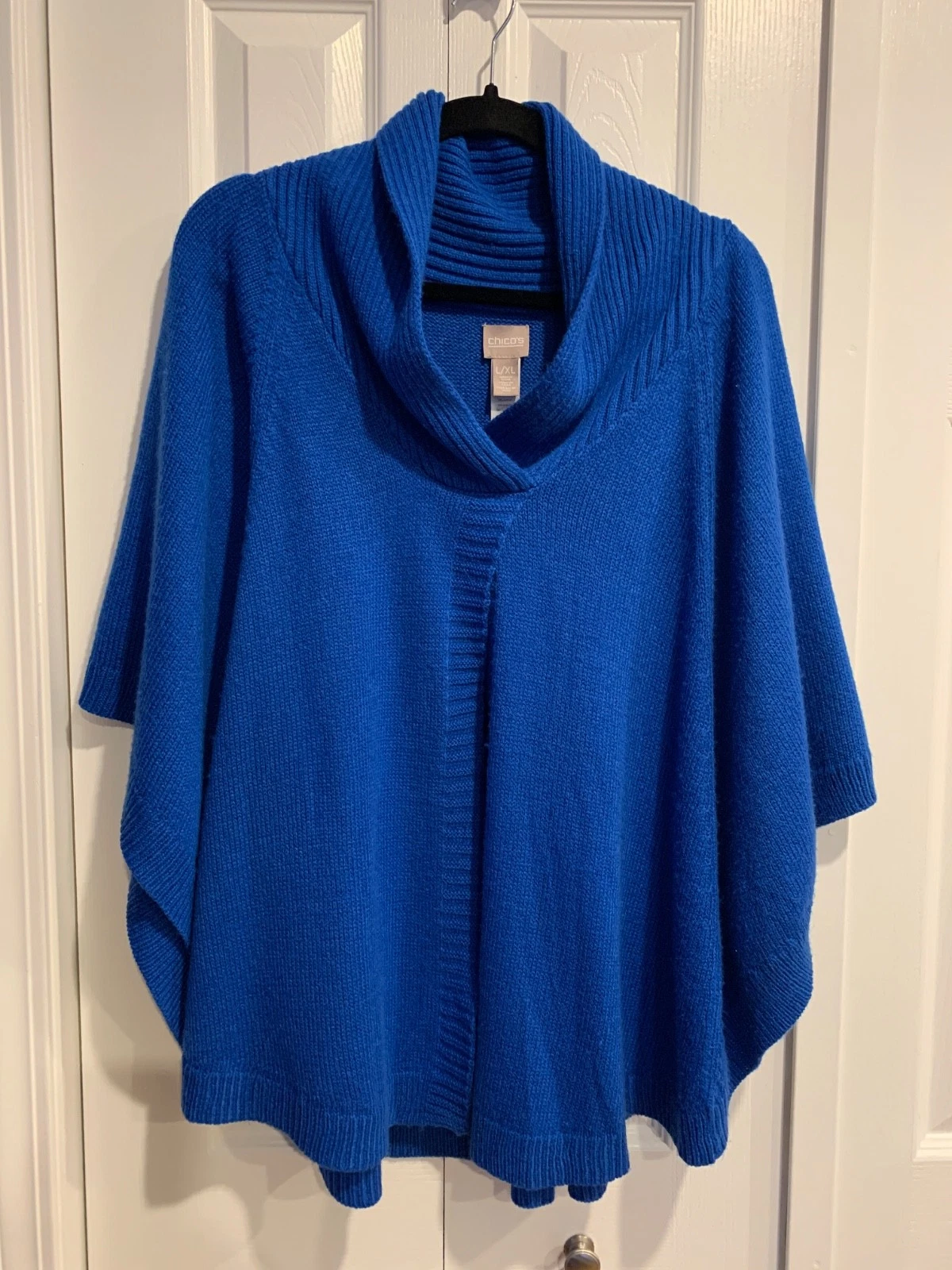 Chico’s Royal Blue Poncho Sweater Sz L/XL Relaxed Collar Neck Open Casual Spring