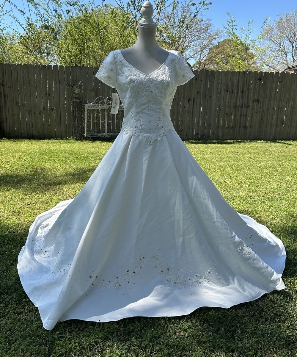 short sleeve beaded wedding dress Modest Wedding Dress with Short Sleeves,Simple Wedding Gown,WD00528 main image 1