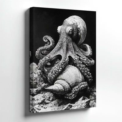 Octopus Sea Creature Shell Ocean Black White Marine Wall Art Poster House Decor