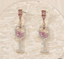 Champagne Wine Glass Bottle Dangle Earrings Pink Rhinestones Crystal NWT