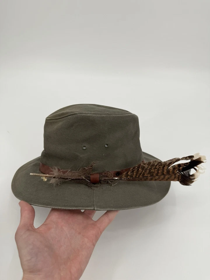 复古 Eddie Bauer Safari 羽毛 Fedora 水桶帽帆布中号美国制造 — 第 2/4 张图片
