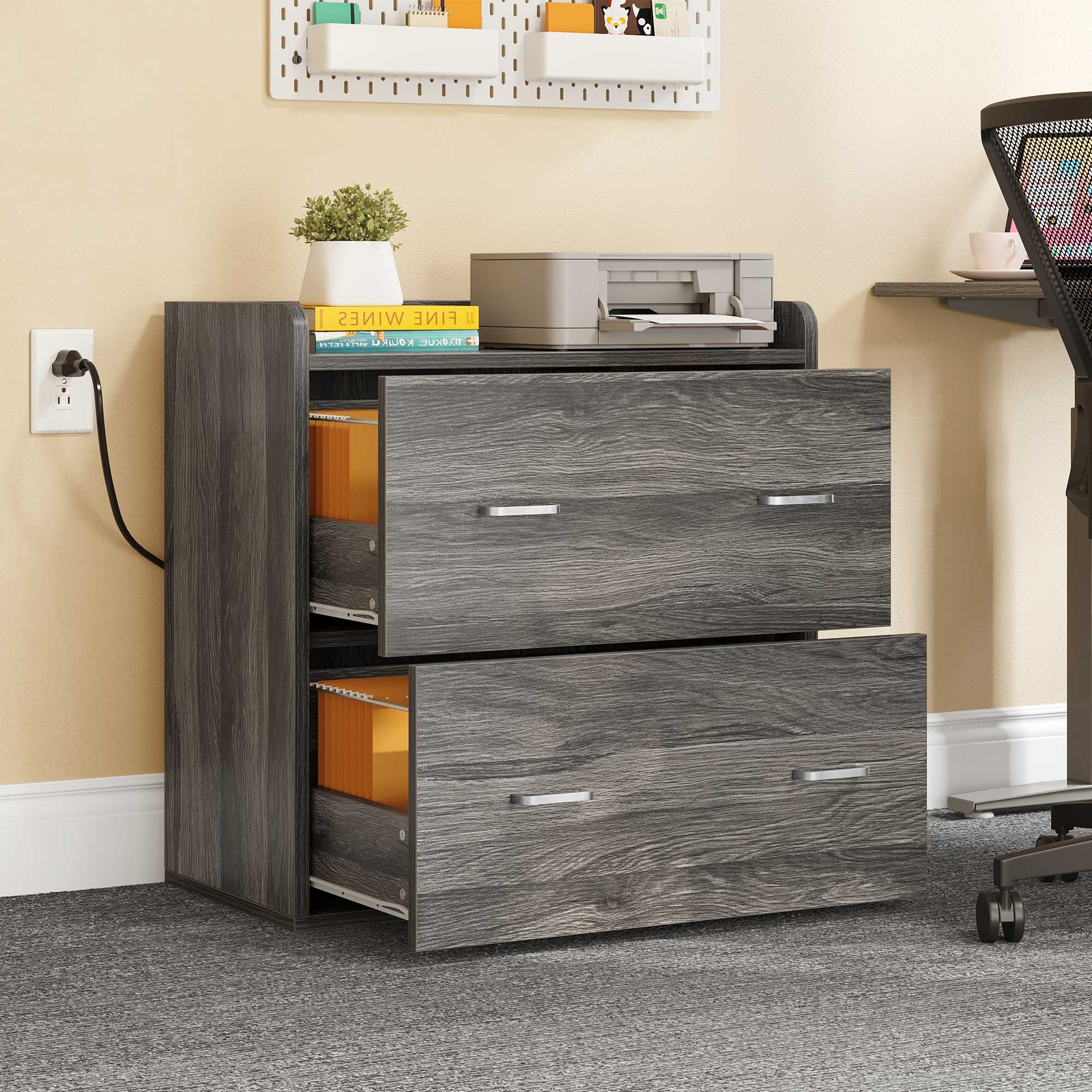 2Drawer Lateral File with Charging Station & Open Shelf