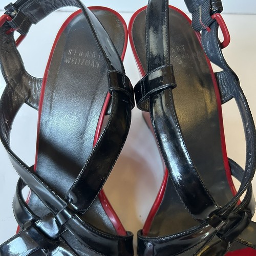 Stuart Weitzman Wedge Sandals Sz 9 Black And Red Leather Crisscross Strappy - Picture 5 of 14