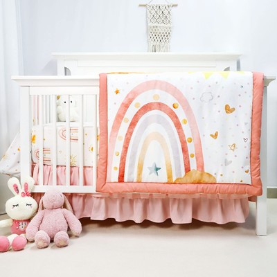 4-Piece Crib Bedding Set for Girls, Includes Comforter, Fitted Crib Sheet, Cr...