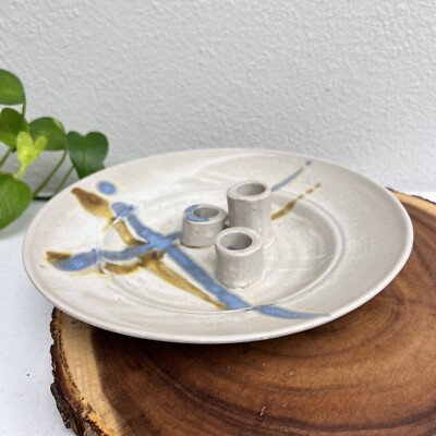 Tested by Fire Pottery, Inc. Signed 3 Candle Holder Glazed Stoneware Plate