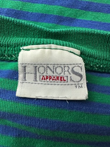 Vintage 90s Striped T-Shirt WOMENS M / L Cobalt Blue Kelly Green V-neck FLAWS - Picture 11 of 12