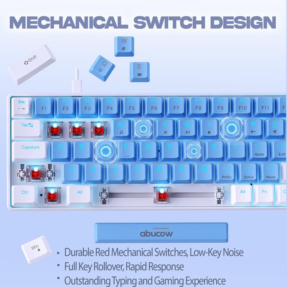 Compact 60% Mechanical Gaming Keyboard with Blue Backlight, 68 Keys, Light Blue