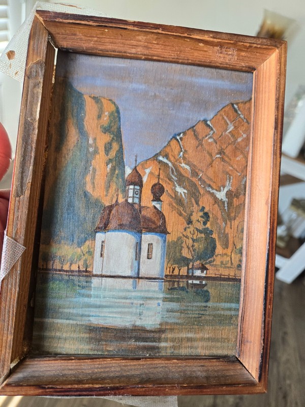 Vintage Oil Painting St. Bartholomew's Church German Landscape Mountains Lake