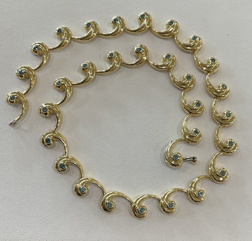 18k Gold Fancy Wave Link and Treated Blue Diamond Necklace 16.5" - Picture 9 of 15