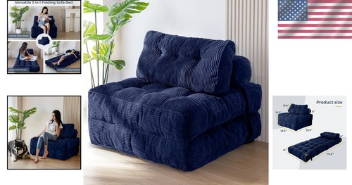 Chic Navy Folding Sofa Bed: Single-Seat Sleeper with Headrest & Lumbar Support - Picture 2 of 8