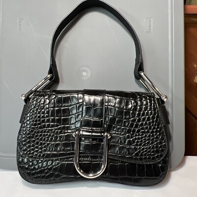 Vince Camuto BLACK Croc Embossed Leather Medium Shoulder