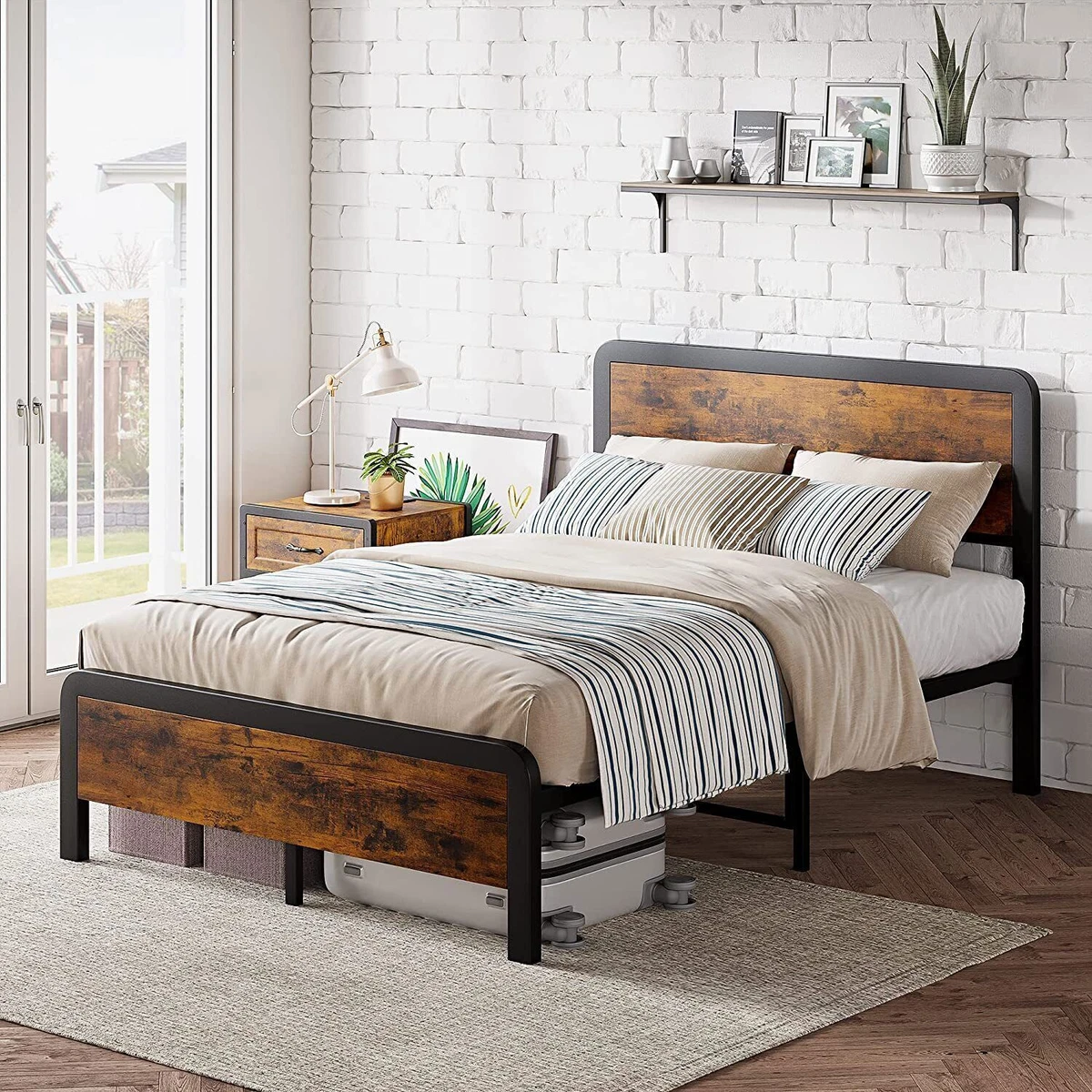 Full Size Metal Platform Bed Frame with Wooden Headboard Rounded