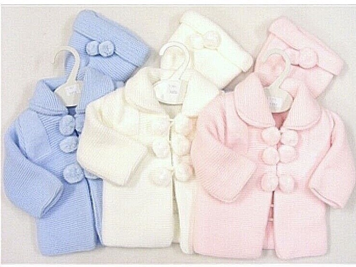BEBÉ NIÑA NIÑO ESPAÑOL TEJIDO POM POM COCHECITO ABRIGO MATINÉ CHAQUETA Y SOMBRERO CONJUNTO DE REGALO