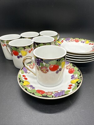 Set 6 Demitasse Tea Espresso Cups and Saucers Made In Japan Cloisonné Fruit