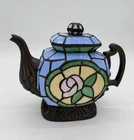 Vintage Tiffany Style Stained Glass Teapot Accent Lamp Floral Light Table Lamp