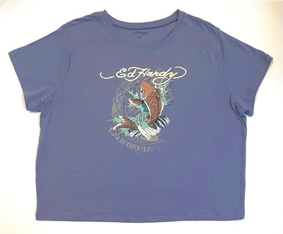 Ed Hardy Crop Top T Shirt California Koi Fish Blue - Sz 3X