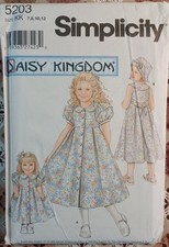 UCFF Sz 7-12 Girls Simplicity 5203 Daisy Kingdom Dress Hat Doll Dress Pattern