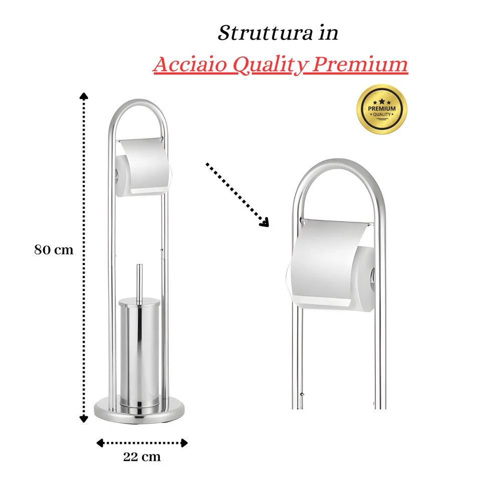 Piantana Portarotolo e Scopino Bianco, Porta Carta Igenica e Scopino da Terra - Immagine 3 di 4