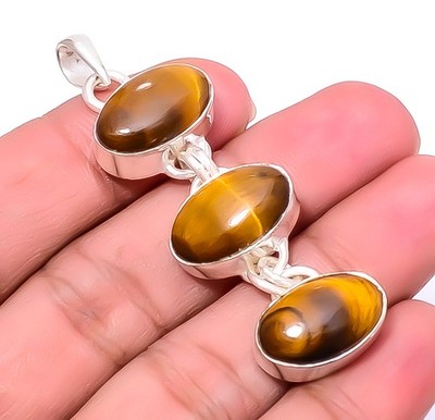 Yellow Tigers Eye 925 Sterling Silver Handmade Jewelry Pendant 2.34'' A335