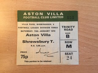 Ticket: 1971/2 Div 3. Aston Villa v Shrewsbury Town. good
