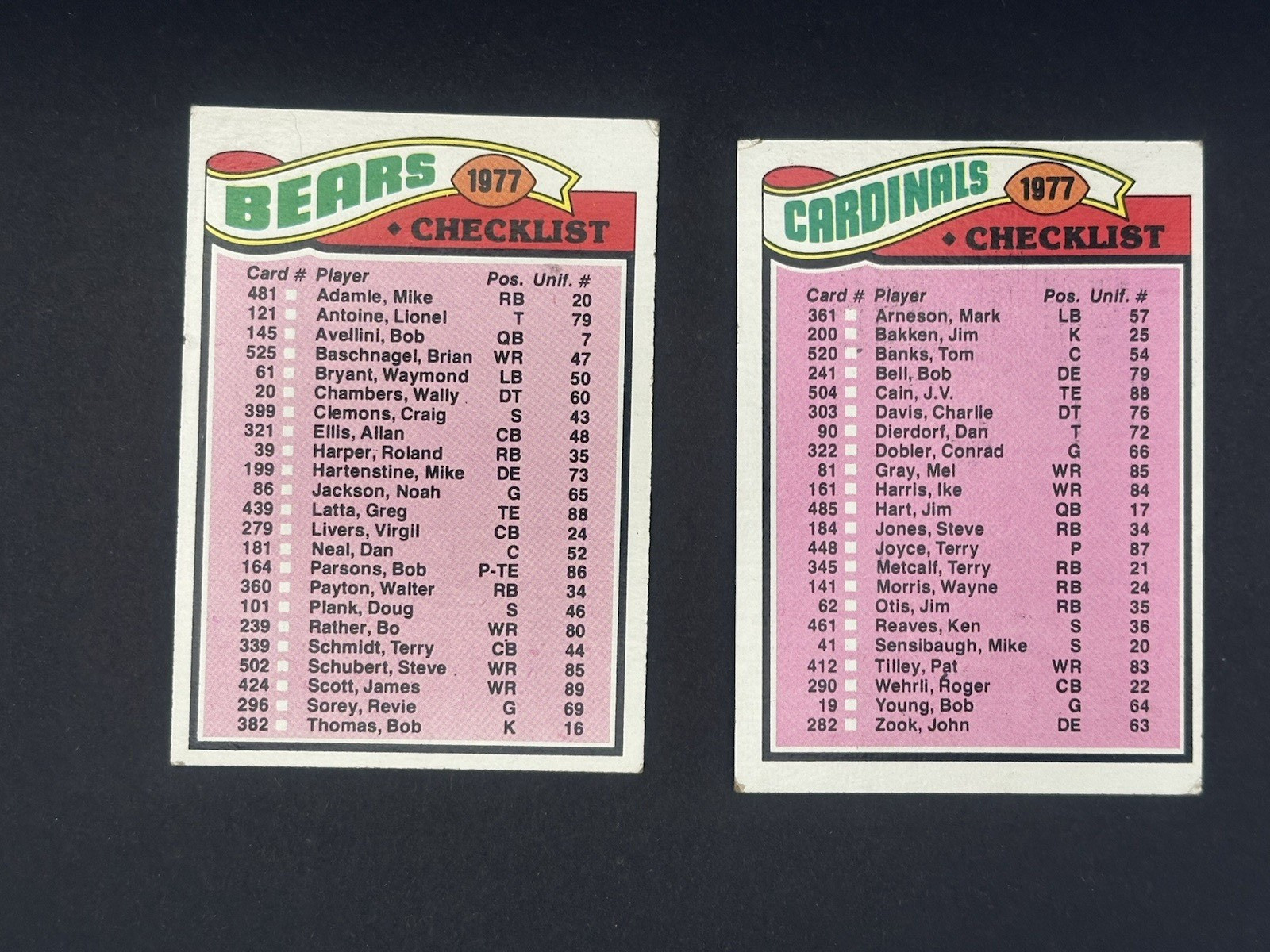 2 Card Lot 1977 Topps Team Checklist St. Louis Cardinals #223 & Bears #204 C422