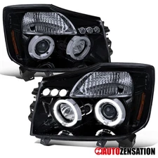 Fit 2004-2015 Titan 04-07 Armada Black Smoke LED Halo Projector Headlights Lamps