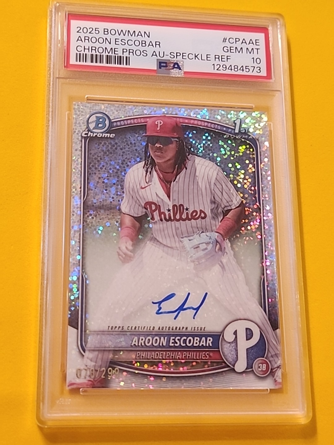 2025 Bowman PSA 10 Aroon Escobar 1st Bowman Chrome Auto Speckle Refractor /299