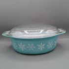 Vintage Pyrex 043 Turquoise Snowflake Oval Casserole Dish with Lid 1 1/2 qt