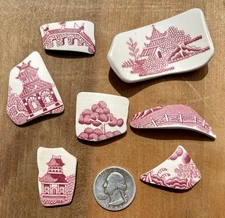 Tumbled Sea Glass Pottery Shards Red Transfer Ware blue willow lot#1710