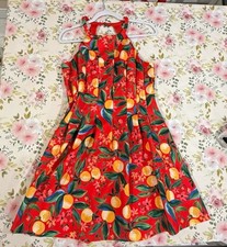 Vince Camuto Dress 12P Petite Red Lemon Citrus Floral Halter Fit Flare Midi