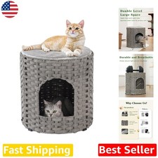 Handwoven Cat Bed Cave 17" Gray  Double Cat House  Rattan w/ Pad