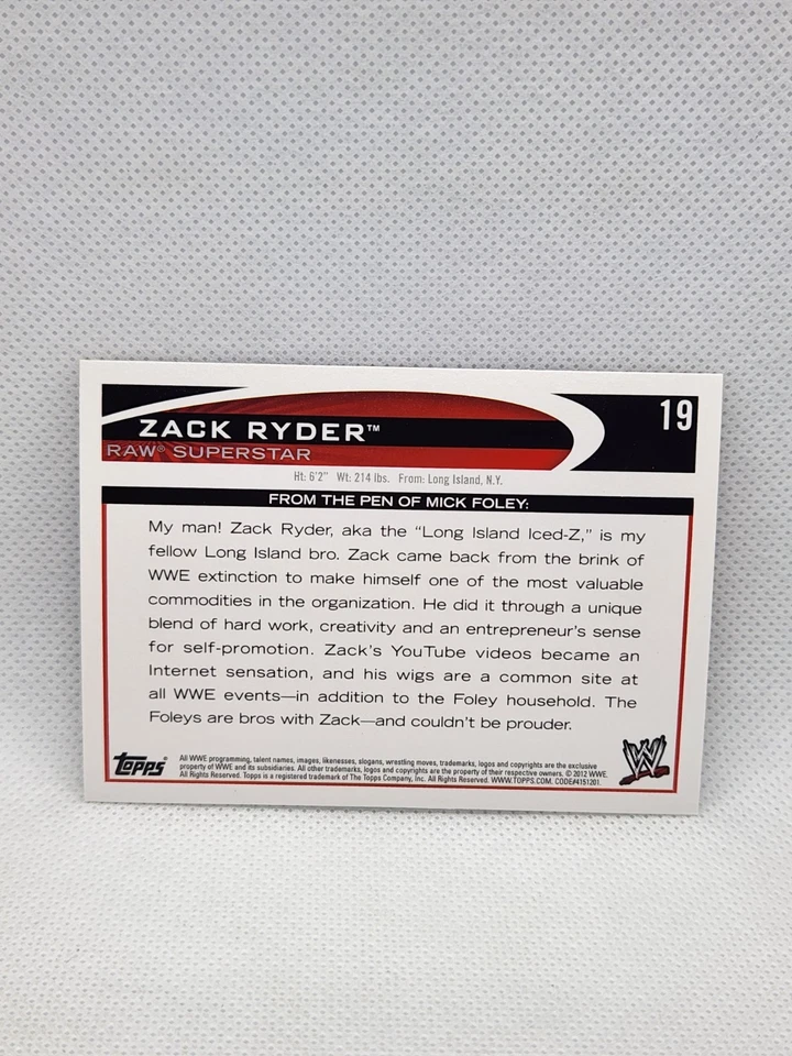 2012 Topps WWE Raw #19 Zack Ryder Wrestling Superstar Card NM Iced-Z Broski - Image 4 of 4