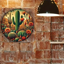 2D Flat, Vintage Desert Landscape Metal Wall Decor 7.87 Inch Round Cactus and Fl