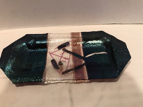 Signed Fused Glass Rectangle Tray Dish Iridescent by Jennifer Adair - Picture 2 of 8
